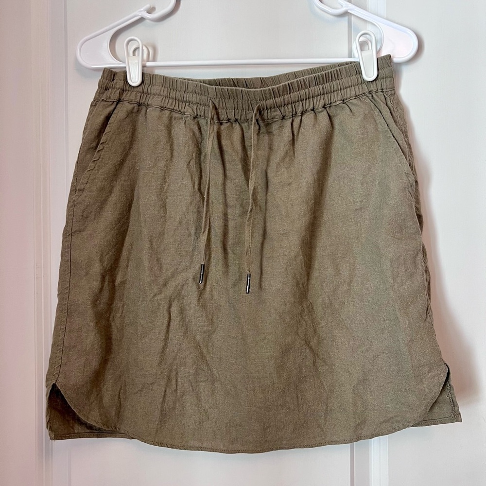 Just Living Linen Rayon Khaki Short A-Line Skirt Drawstring Pockets Size S
